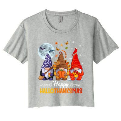 Halloween Thanksgiving Christmas Happy Hallothanksmas Gnomes Funny Gift Women's Crop Top Tee