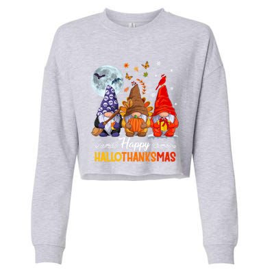 Halloween Thanksgiving Christmas Happy Hallothanksmas Gnomes Funny Gift Cropped Pullover Crew