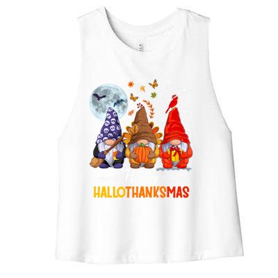 Halloween Thanksgiving Christmas Happy Hallothanksmas Gnomes Funny Gift Women's Racerback Cropped Tank