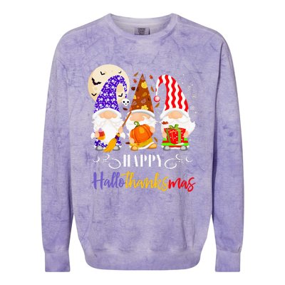 Halloween Thanksgiving Christmas Gnome Happy Hallothanksmas Colorblast Crewneck Sweatshirt