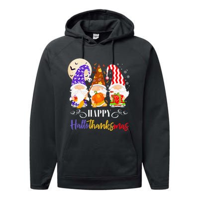 Halloween Thanksgiving Christmas Gnome Happy Hallothanksmas Performance Fleece Hoodie