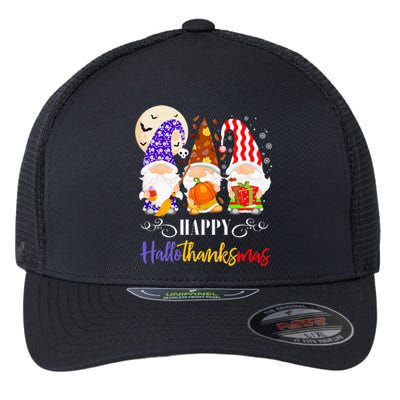 Halloween Thanksgiving Christmas Gnome Happy Hallothanksmas Flexfit Unipanel Trucker Cap