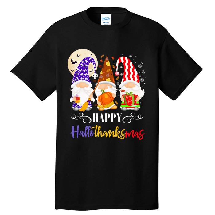 Halloween Thanksgiving Christmas Gnome Happy Hallothanksmas Tall T-Shirt