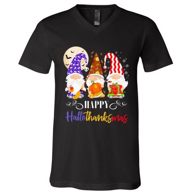 Halloween Thanksgiving Christmas Gnome Happy Hallothanksmas V-Neck T-Shirt