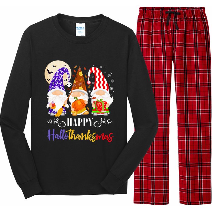 Halloween Thanksgiving Christmas Gnome Happy Hallothanksmas Long Sleeve Pajama Set