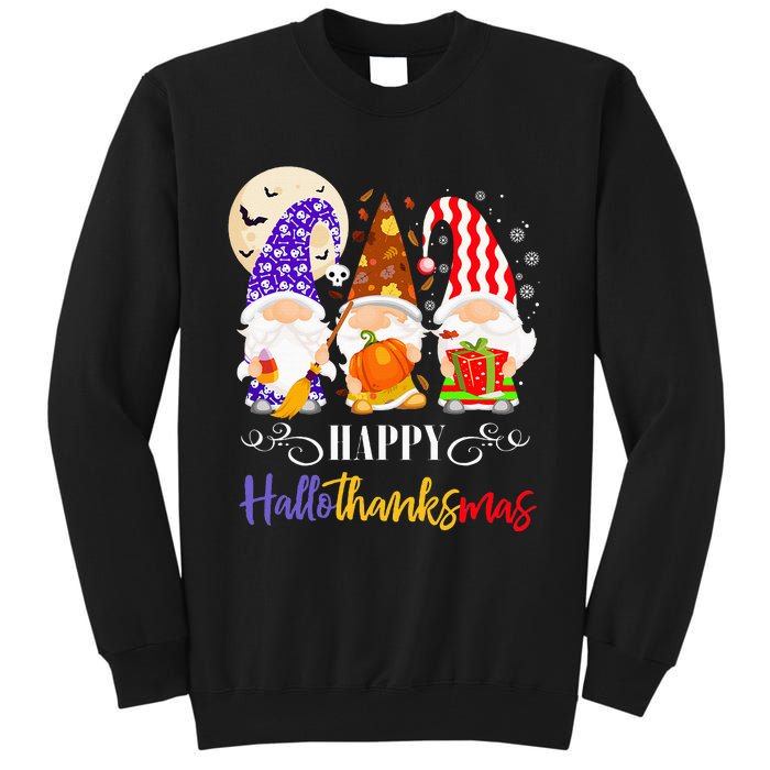 Halloween Thanksgiving Christmas Gnome Happy Hallothanksmas Tall Sweatshirt