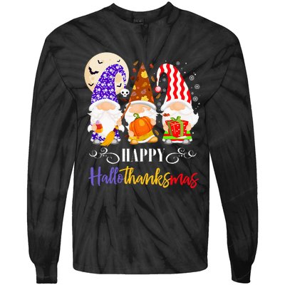 Halloween Thanksgiving Christmas Gnome Happy Hallothanksmas Tie-Dye Long Sleeve Shirt