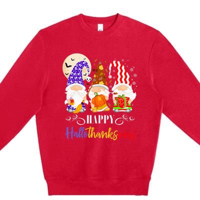 Halloween Thanksgiving Christmas Gnome Happy Hallothanksmas Premium Crewneck Sweatshirt