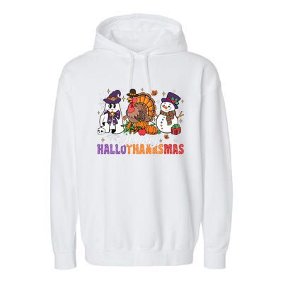 Halloween Thanksgiving Christmas Happy Hallothanksmas Garment-Dyed Fleece Hoodie