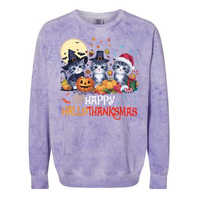 Halloween Thanksgiving Christmas Happy Hallothanksmas Cats Cute Gift Colorblast Crewneck Sweatshirt