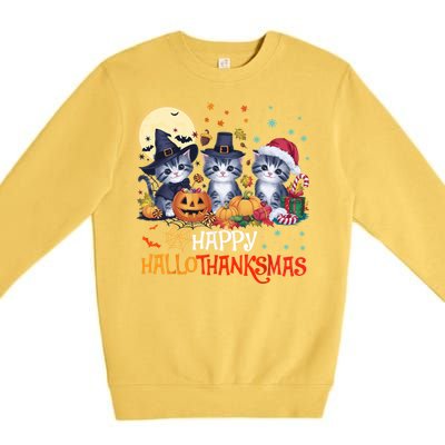 Halloween Thanksgiving Christmas Happy Hallothanksmas Cats Cute Gift Premium Crewneck Sweatshirt