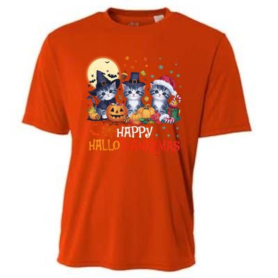 Halloween Thanksgiving Christmas Happy Hallothanksmas Cats Cute Gift Cooling Performance Crew T-Shirt