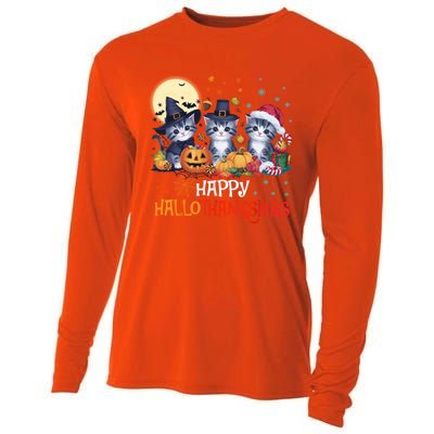 Halloween Thanksgiving Christmas Happy Hallothanksmas Cats Cute Gift Cooling Performance Long Sleeve Crew