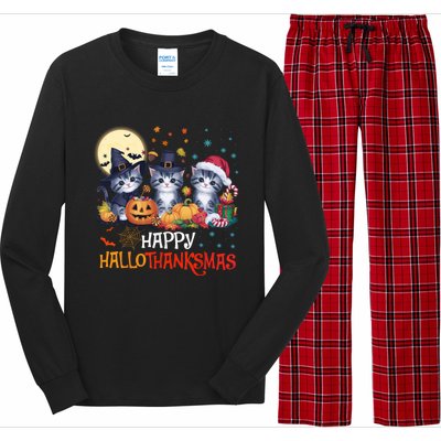 Halloween Thanksgiving Christmas Happy Hallothanksmas Cats Cute Gift Long Sleeve Pajama Set