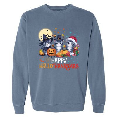 Halloween Thanksgiving Christmas Happy Hallothanksmas Cats Cute Gift Garment-Dyed Sweatshirt