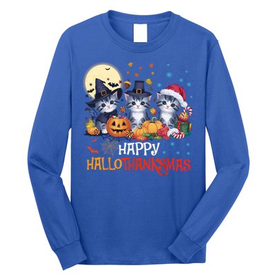 Halloween Thanksgiving Christmas Happy Hallothanksmas Cats Cute Gift Long Sleeve Shirt