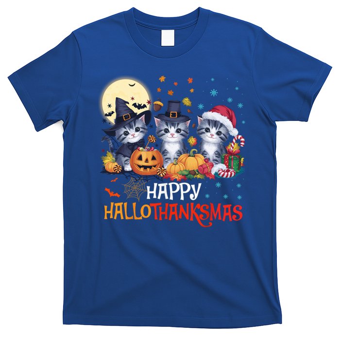 Halloween Thanksgiving Christmas Happy Hallothanksmas Cats Cute Gift T-Shirt