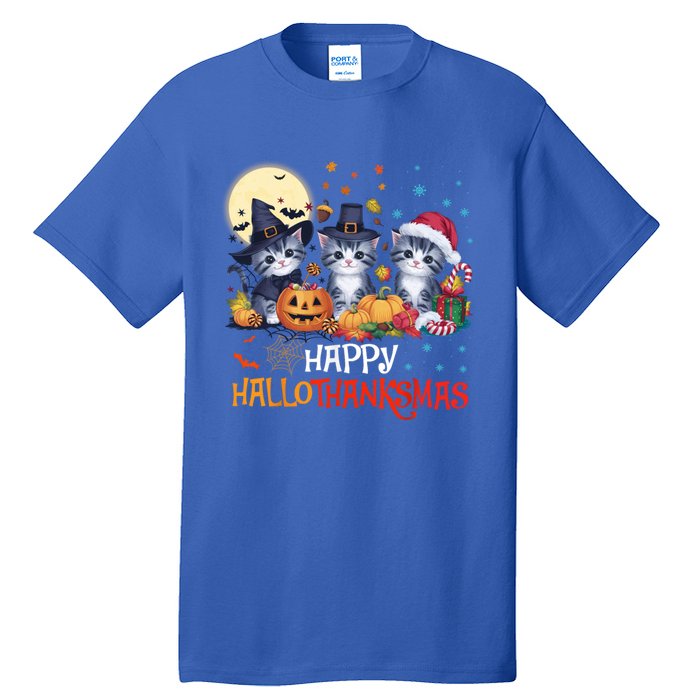 Halloween Thanksgiving Christmas Happy Hallothanksmas Cats Cute Gift Tall T-Shirt