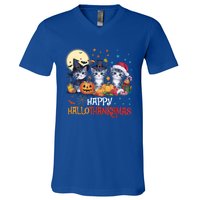 Halloween Thanksgiving Christmas Happy Hallothanksmas Cats Cute Gift V-Neck T-Shirt