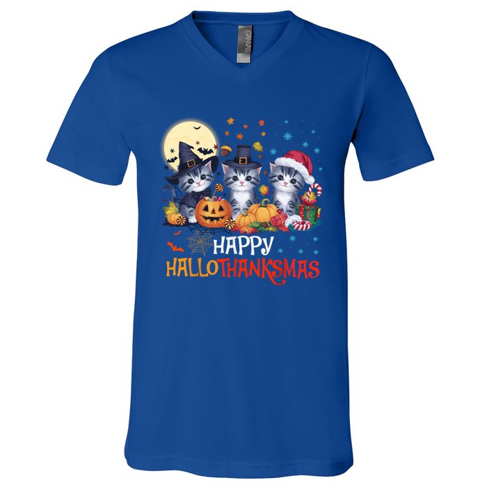 Halloween Thanksgiving Christmas Happy Hallothanksmas Cats Cute Gift V-Neck T-Shirt