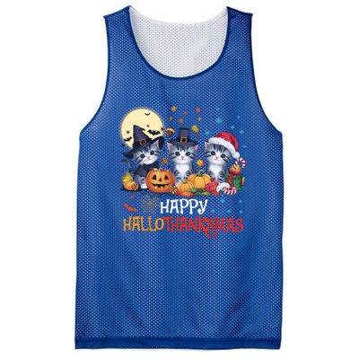 Halloween Thanksgiving Christmas Happy Hallothanksmas Cats Cute Gift Mesh Reversible Basketball Jersey Tank