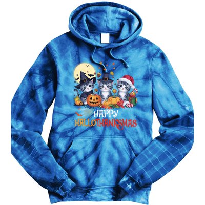 Halloween Thanksgiving Christmas Happy Hallothanksmas Cats Cute Gift Tie Dye Hoodie