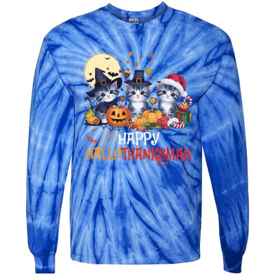 Halloween Thanksgiving Christmas Happy Hallothanksmas Cats Cute Gift Tie-Dye Long Sleeve Shirt