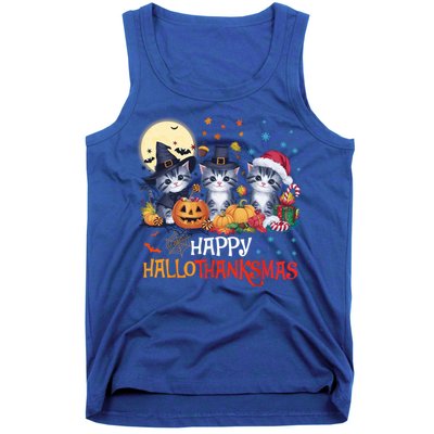 Halloween Thanksgiving Christmas Happy Hallothanksmas Cats Cute Gift Tank Top