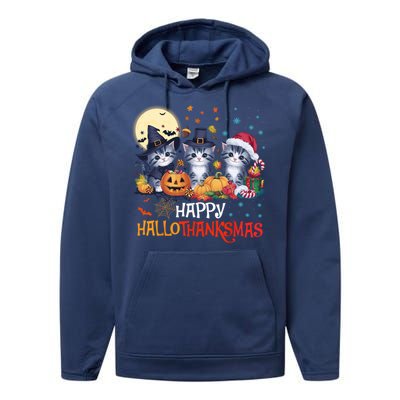 Halloween Thanksgiving Christmas Happy Hallothanksmas Cats Cute Gift Performance Fleece Hoodie