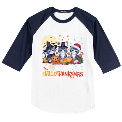 Halloween Thanksgiving Christmas Happy Hallothanksmas Cats Cute Gift Baseball Sleeve Shirt