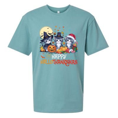 Halloween Thanksgiving Christmas Happy Hallothanksmas Cats Cute Gift Sueded Cloud Jersey T-Shirt