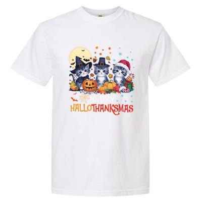 Halloween Thanksgiving Christmas Happy Hallothanksmas Cats Cute Gift Garment-Dyed Heavyweight T-Shirt