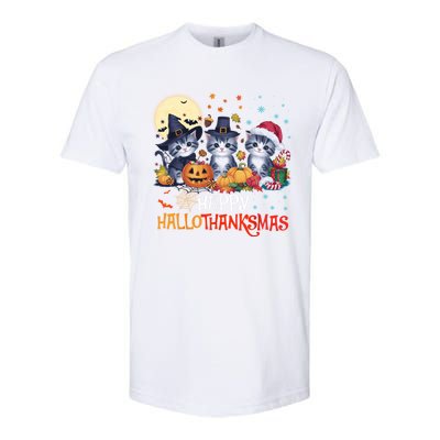 Halloween Thanksgiving Christmas Happy Hallothanksmas Cats Cute Gift Softstyle CVC T-Shirt