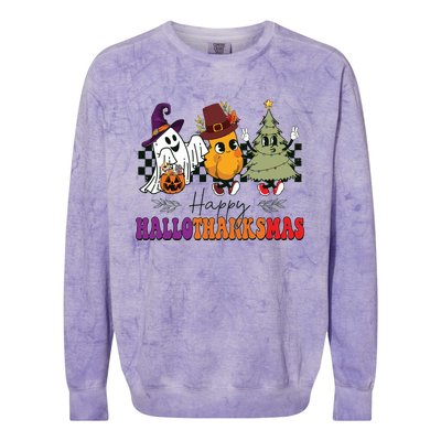 Halloween Thanksgiving Christmas Halloween Thanksgivi Happy Hallothanksmas Colorblast Crewneck Sweatshirt