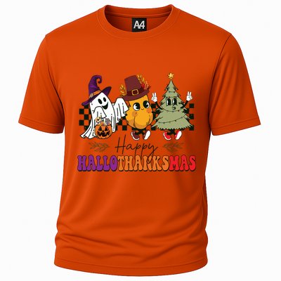 Halloween Thanksgiving Christmas Halloween Thanksgivi Happy Hallothanksmas Cooling Performance Crew T-Shirt