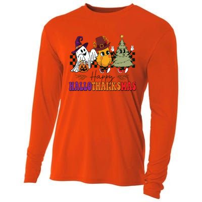 Halloween Thanksgiving Christmas Halloween Thanksgivi Happy Hallothanksmas Cooling Performance Long Sleeve Crew