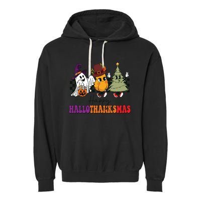 Halloween Thanksgiving Christmas Halloween Thanksgivi Happy Hallothanksmas Garment-Dyed Fleece Hoodie