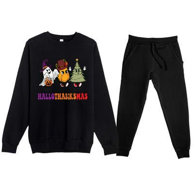 Halloween Thanksgiving Christmas Halloween Thanksgivi Happy Hallothanksmas Premium Crewneck Sweatsuit Set