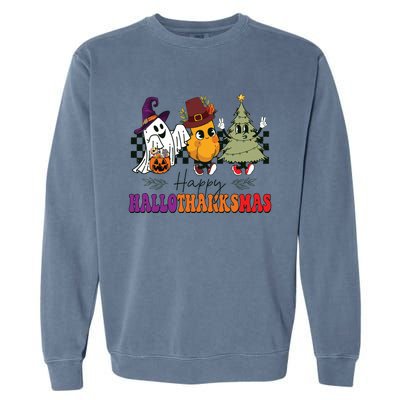 Halloween Thanksgiving Christmas Halloween Thanksgivi Happy Hallothanksmas Garment-Dyed Sweatshirt