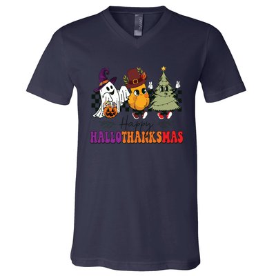 Halloween Thanksgiving Christmas Halloween Thanksgivi Happy Hallothanksmas V-Neck T-Shirt