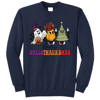 Halloween Thanksgiving Christmas Halloween Thanksgivi Happy Hallothanksmas Tall Sweatshirt