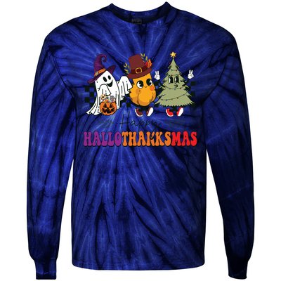 Halloween Thanksgiving Christmas Halloween Thanksgivi Happy Hallothanksmas Tie-Dye Long Sleeve Shirt