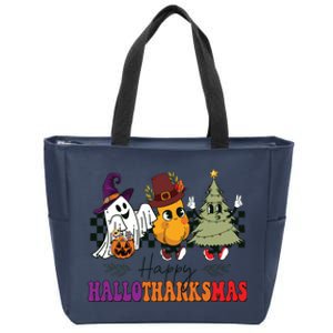 Halloween Thanksgiving Christmas Halloween Thanksgivi Happy Hallothanksmas Zip Tote Bag