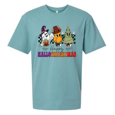 Halloween Thanksgiving Christmas Halloween Thanksgivi Happy Hallothanksmas Sueded Cloud Jersey T-Shirt