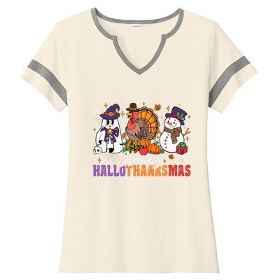 Halloween Thanksgiving Christmas Happy Hallothanksmas Ladies Halftime Notch Neck Tee