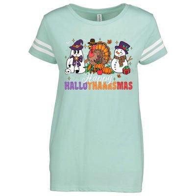 Halloween Thanksgiving Christmas Happy Hallothanksmas Enza Ladies Jersey Football T-Shirt