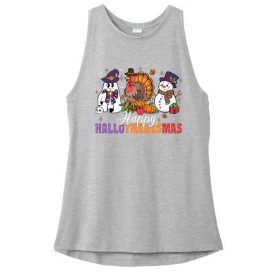 Halloween Thanksgiving Christmas Happy Hallothanksmas Ladies PosiCharge Tri-Blend Wicking Tank