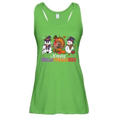 Halloween Thanksgiving Christmas Happy Hallothanksmas Ladies Essential Flowy Tank