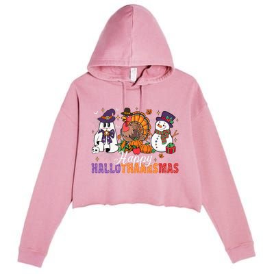 Halloween Thanksgiving Christmas Happy Hallothanksmas Crop Fleece Hoodie