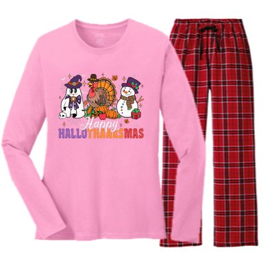 Halloween Thanksgiving Christmas Happy Hallothanksmas Women's Long Sleeve Flannel Pajama Set 